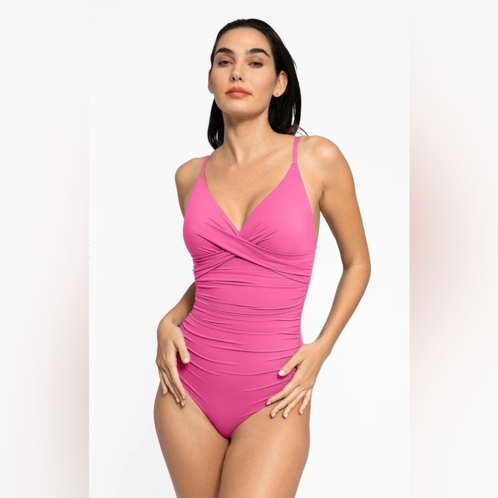 Popilush | Shapewear Body-Sculpting Swimsuit Ruched V-Neck One-Piece in Pink